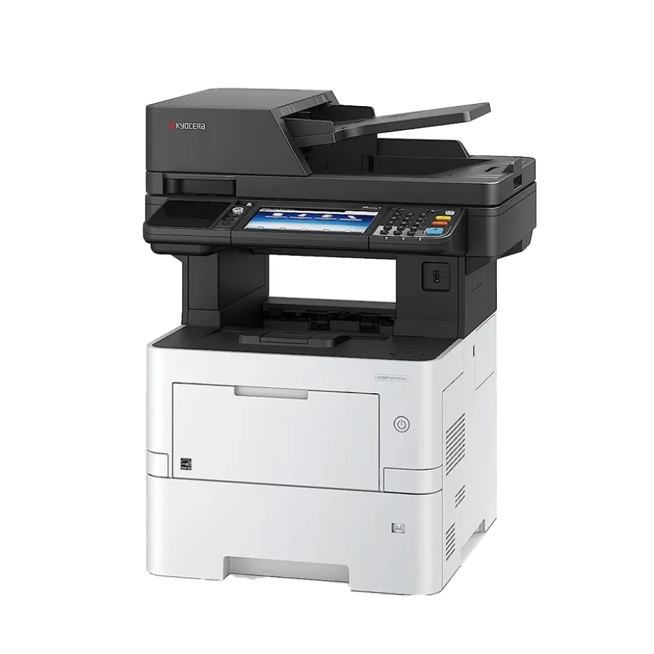 A professional front-angle view of the Kyocera ECOSYS MA4500ix. This quality all in one office printer and best printer for small business is shown with an open document feeder and an optional second paper tray, ideal for high-volume needs.
