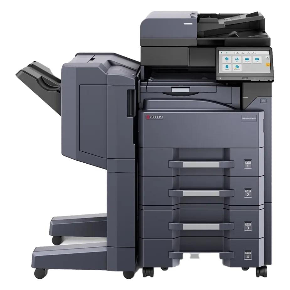 A professional overhead view of a Kyocera all in one office printer. This top rated home office printer highlights its detailed control panel and automatic document feeder, making it ideal for a small business.