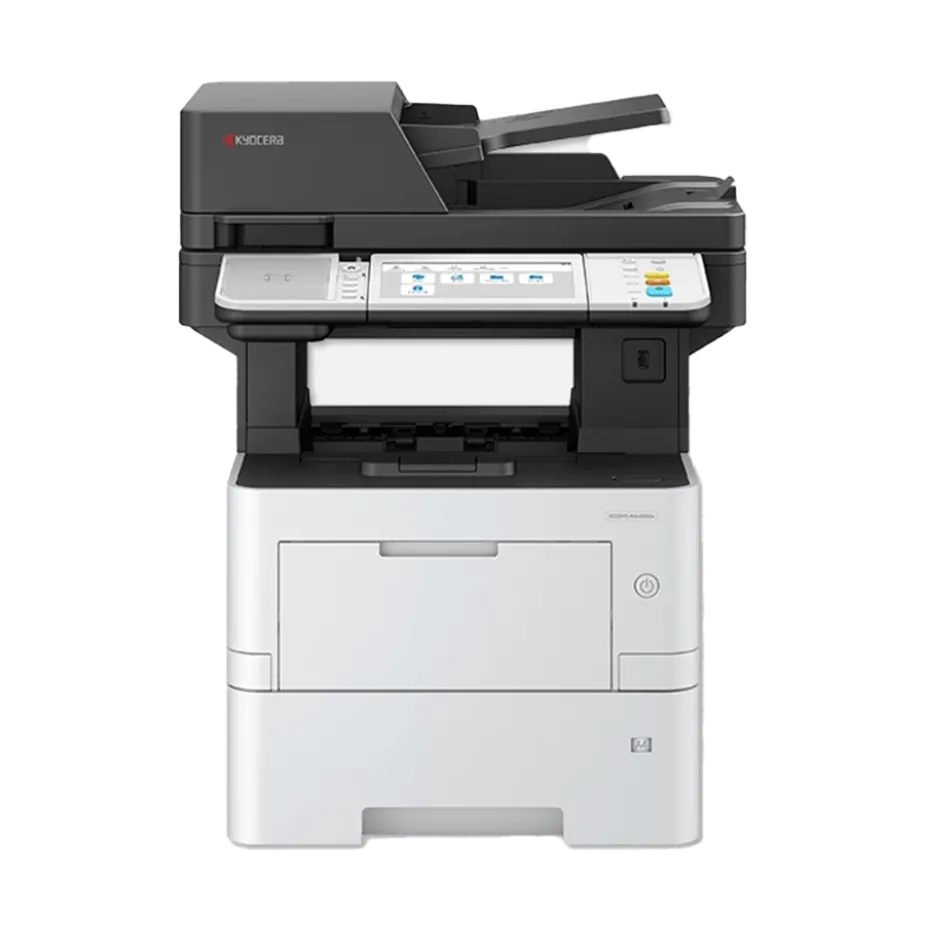 A front view of the Kyocera ECOSYS MA4500ix. This all in one office printer and best printer for small business is shown with an optional paper tray, providing increased capacity for a busy office.