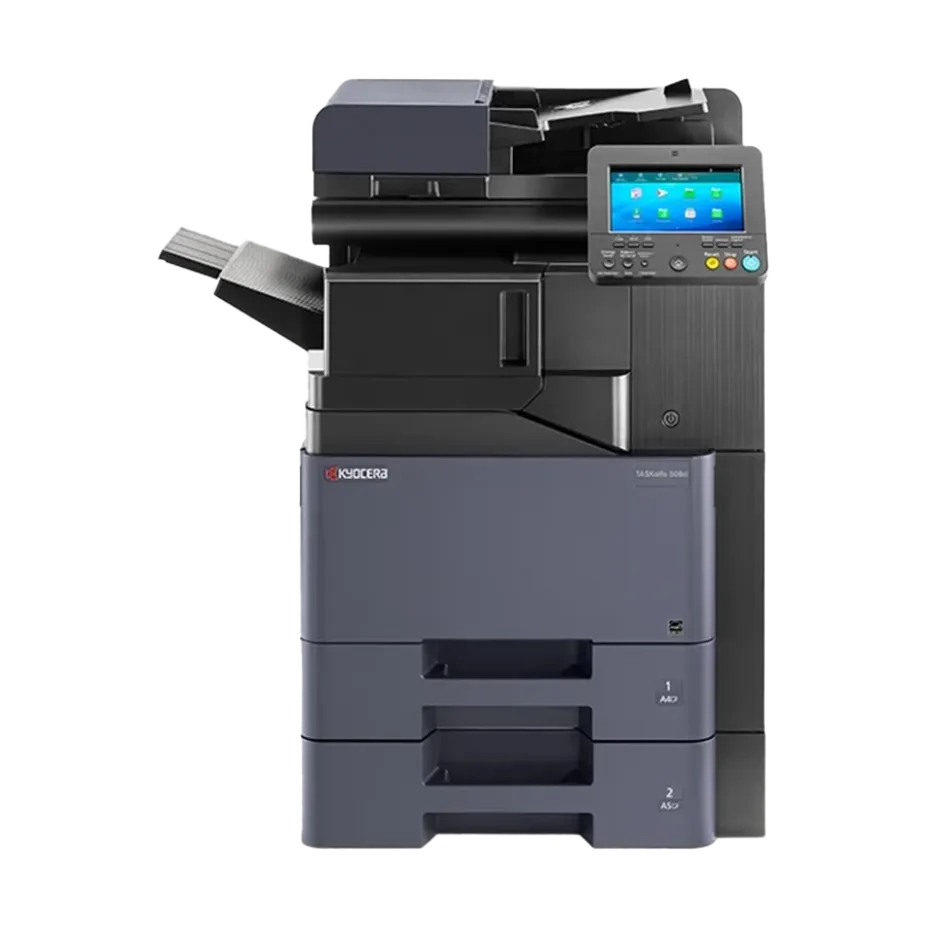  A professional product shot of the Kyocera TA2554ci. This quality all in one office printer is one of the best printers for a demanding small business, shown with a multi-tiered paper output tray for sorting.