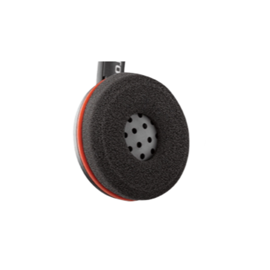 Elevate Technology close-up of a Poly Blackwire C3220 headset earcup with a black foam cushion and a red inner ring, displayed next to a list of product features.