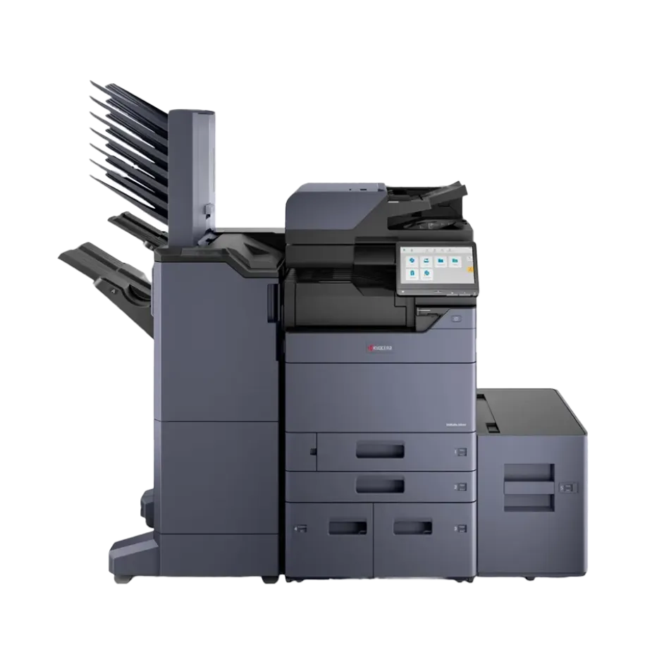 A professional front-angle view of a Kyocera all in one office printer. This top rated home office printer and best printer for small business showcases its multi-function design.