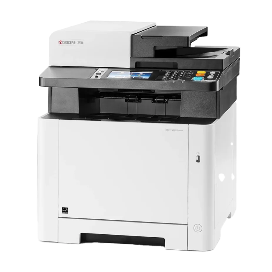 A professional product shot of the Kyocera ECOSYS M5526cdw. This all in one office printer is the best printer for small business, showcasing its multi-function design, quality build, and color display panel.