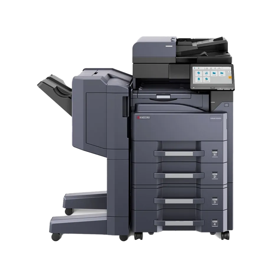 A professional product shot of a Kyocera ECOSYS multi-function printer. This all in one office printer is ideal for a top rated home office or a small business, featuring a multi-function design and a control panel.