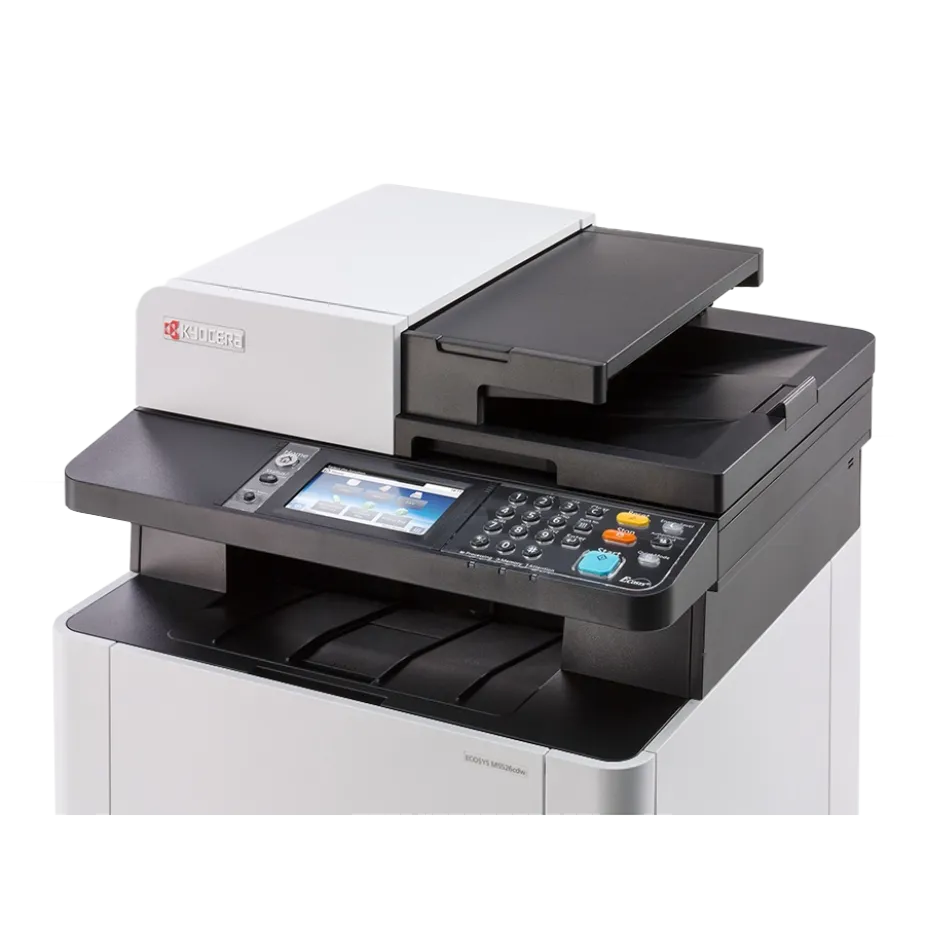 A white and black Kyocera ECOSYS printer with a large touchscreen display and various control buttons. The image is taken at an angle, with a file path visible at the bottom.