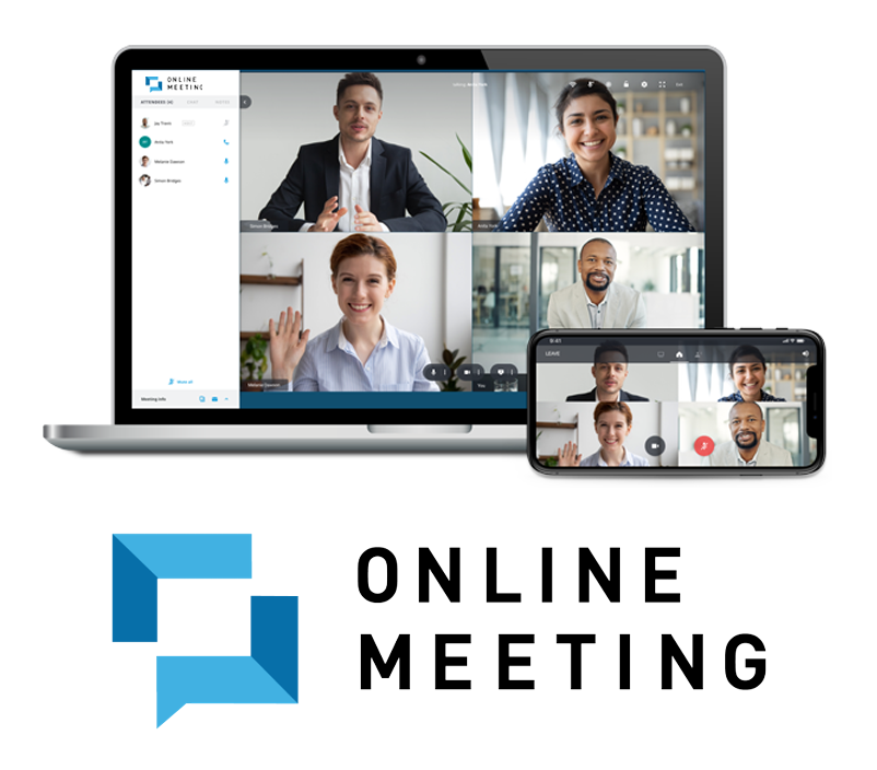 Elevation Technology's Online Meeting platform displaying a video conference on a laptop and phone.