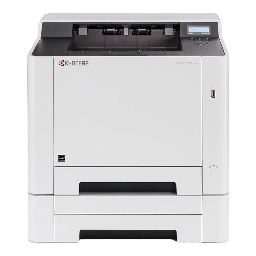 Top-rated Kyocera ECOSYS printer, model P2040dw, with a paper tray and control panel on top. The printer is shown from a front-facing angle.A white Kyocera ECOSYS printer, model P2040dw, with a paper tray and control panel on top. The printer is shown from a front-facing angle.