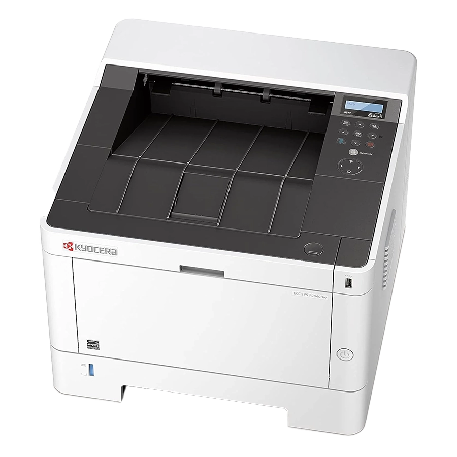 A front view of the high-volume Kyocera ECOSYS MA4500ix. This all in one office printer is the best printer for small business, shown with multi-tiered paper trays for high-volume use.