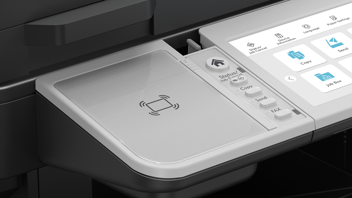 A close-up of the best Kyocera printer's control panel, showing the touch screen with copy and send options, and a square plate with a scanner icon on the left.