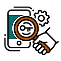 A hand holding a magnifying glass to inspect a keyhole on a smartphone screen. A gear is also shown, representing mobile security, data privacy, and finding a solution on a mobile device.