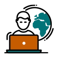 A person working on a laptop with a globe above them, symbolizing global business operations, worldwide connectivity, and business continuity.