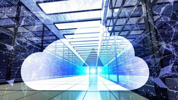 A glowing white cloud icon with a network mesh pattern is superimposed over a brightly lit data center aisle filled with server racks.