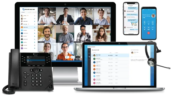 Graphic showing Elevate UC working seamlessly with Contact Center Pro or Elite, enabling calls, chat, email, and SMS in one desktop app.