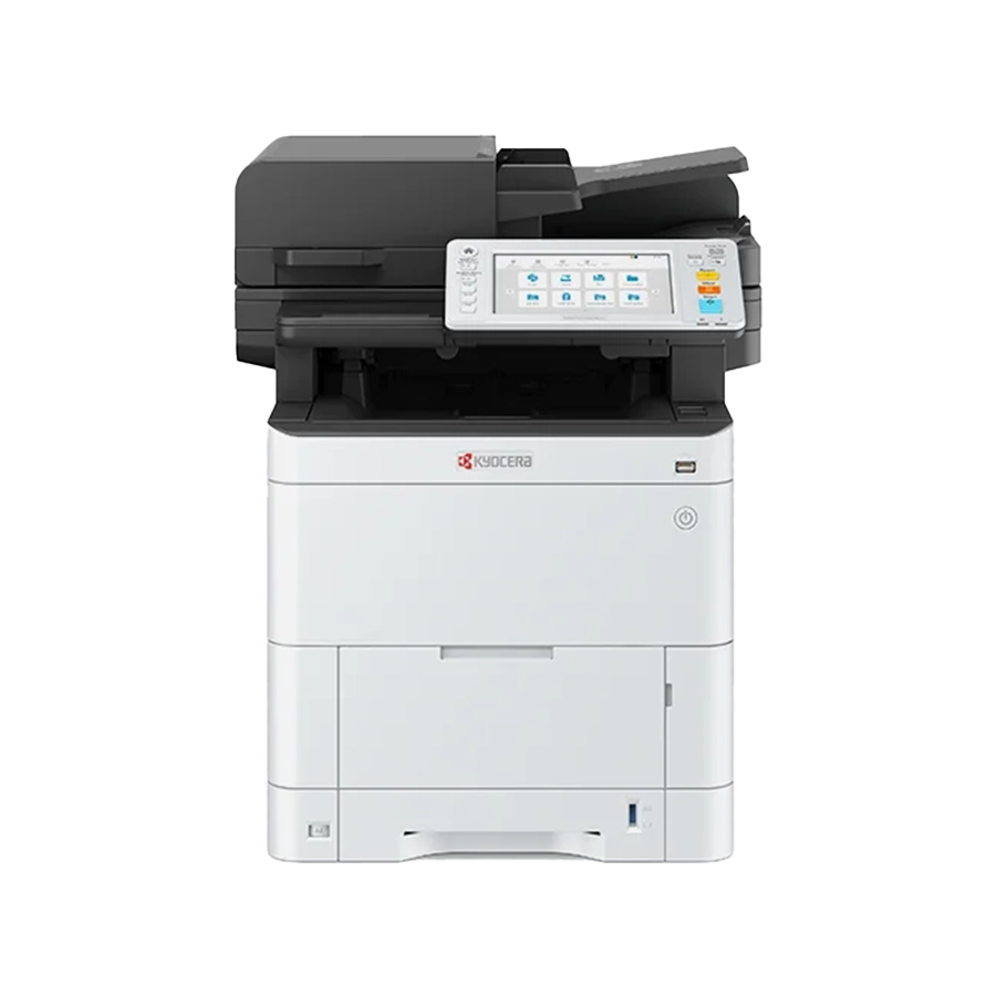 A front view of the Kyocera ECOSYS MA3500cifx. This quality all in one office printer is a top rated home office printer and the best printer for small business, featuring a prominent color touchscreen and a multi-function design.