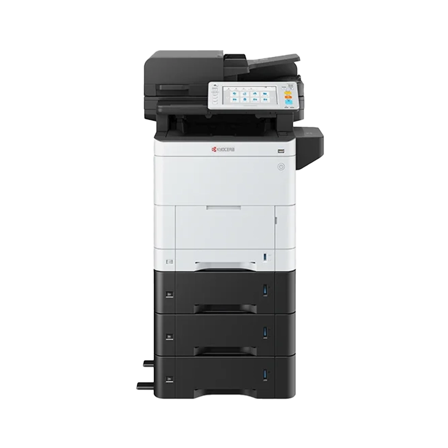 A full-height view of the Kyocera ECOSYS MA3500cifx. This professional all in one office printer is the best printer for small business, shown with multi-tiered paper trays for high-volume use.