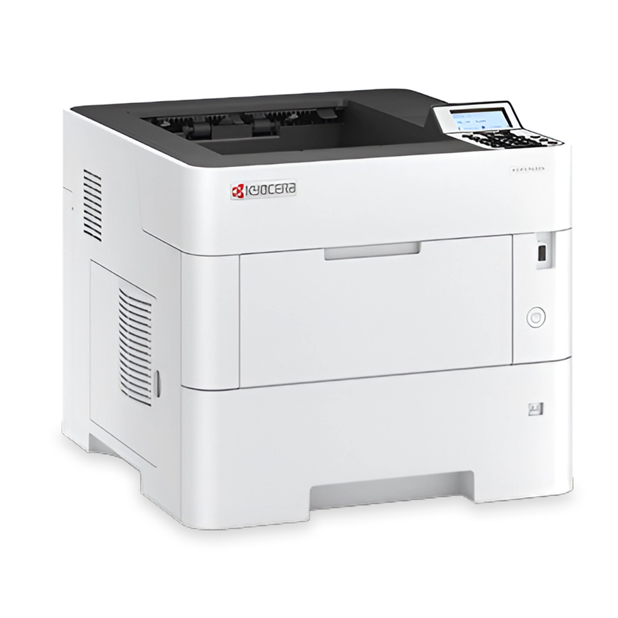 A professional product shot of the Kyocera ECOSYS M5526cdw. This all in one office printer and best printer for small business features a multi-function design and a color display panel.