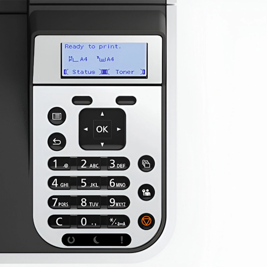 A close-up of a Kyocera printer's control panel, showing the "Ready to print" message.