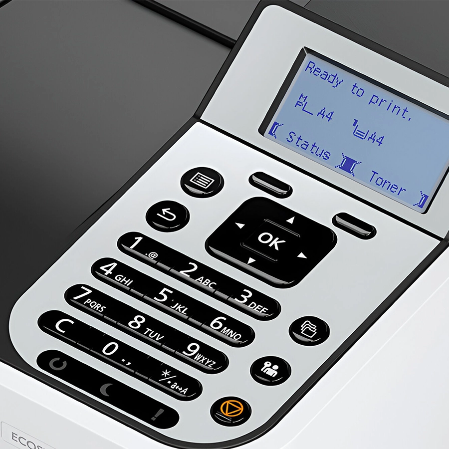 A professional front-angle view of a Kyocera all in one office printer. This top rated home office printer and best printer for small business showcases its multi-function design.