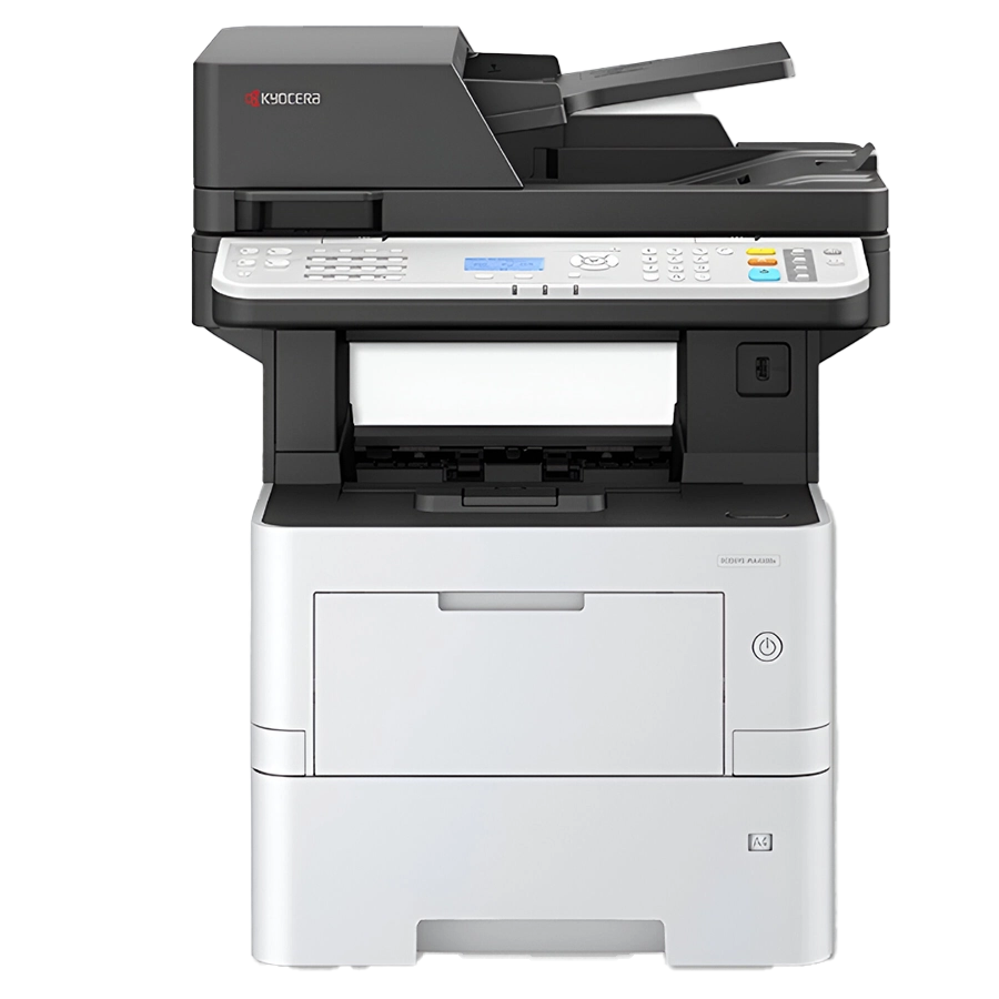 A professional image of the Kyocera ECOSYS MA3500cifx. This quality all in one office printer is a top rated home office printer and the best printer for small business, featuring a prominent color touchscreen.