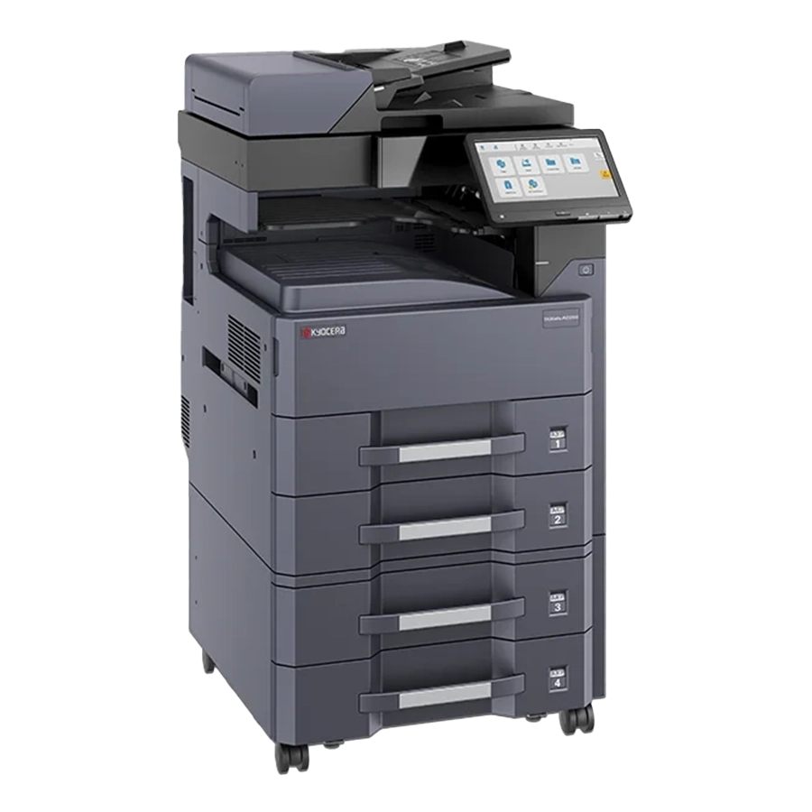 A Kyocera MZ 3200i professional printer with a touchscreen and multiple paper trays.