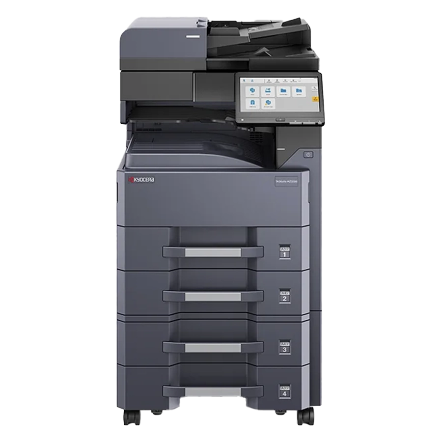 A professional product shot of the Kyocera ECOSYS M5526cdw. This all in one office printer and best printer for small business features a multi-function design and a color display panel.