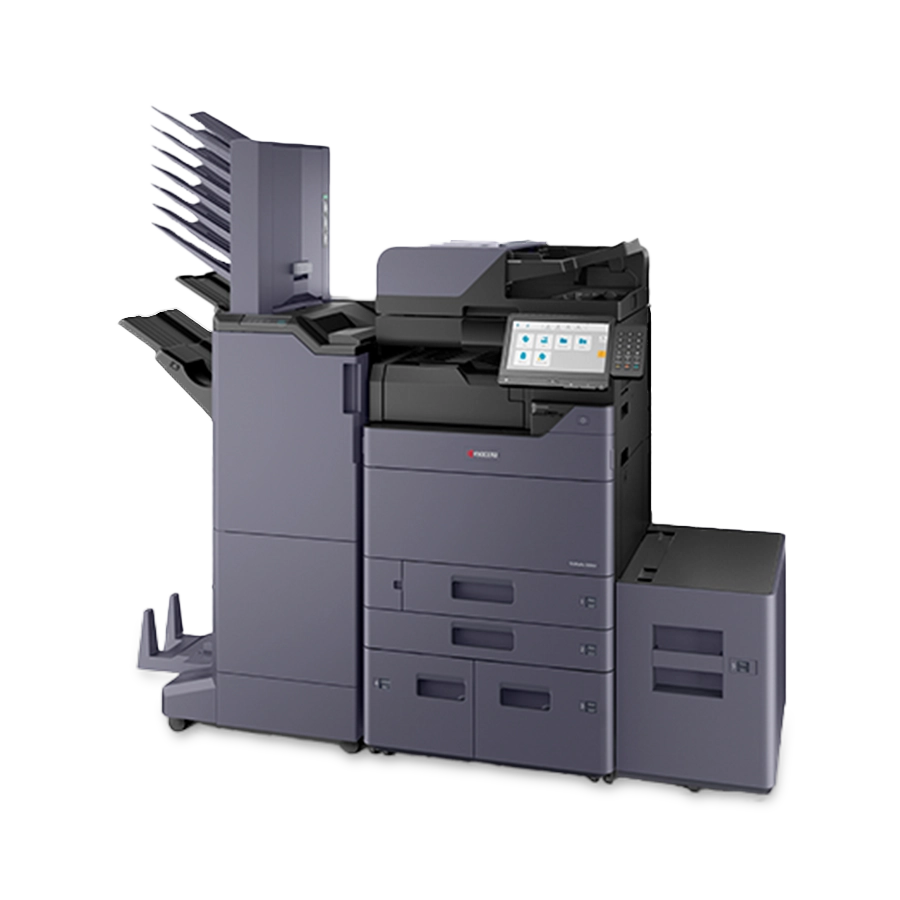 A fully equipped Kyocera TA3554ci printer with a document finisher and multiple paper trays.