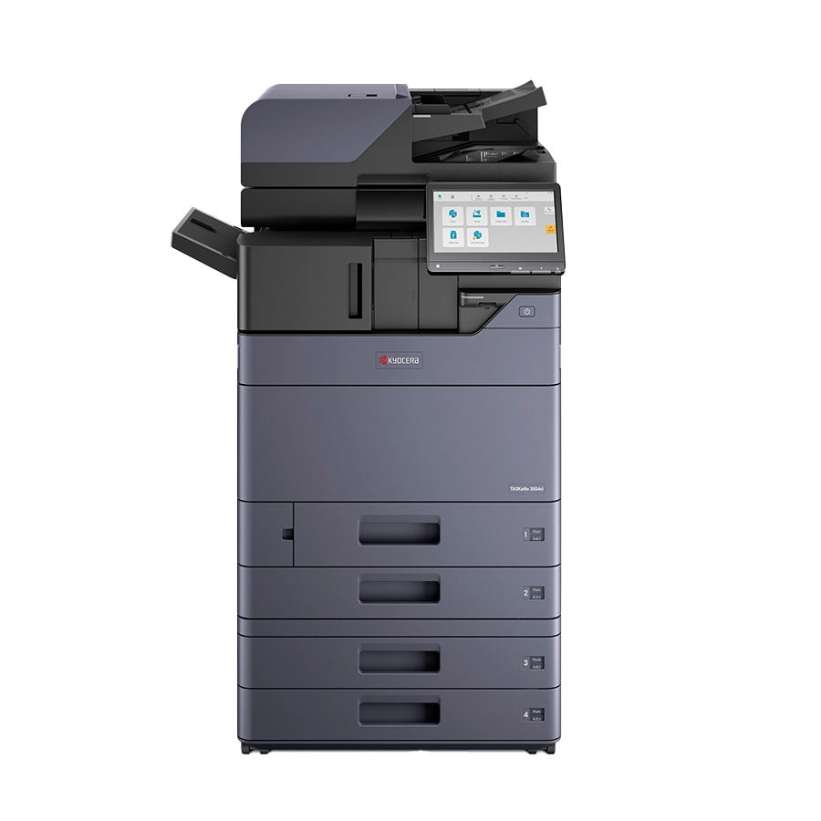 A multi-function Kyocera TA3554ci printer with multiple paper trays and a touchscreen display.