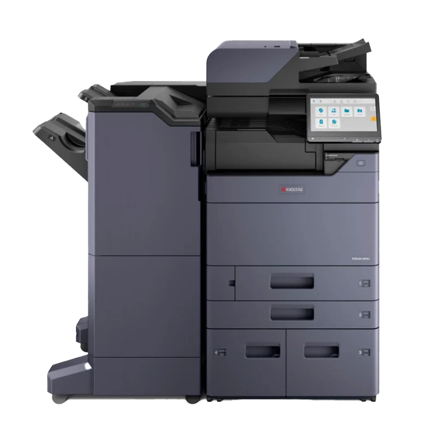 A Kyocera TA3554ci printer with a document finisher and multiple paper trays.