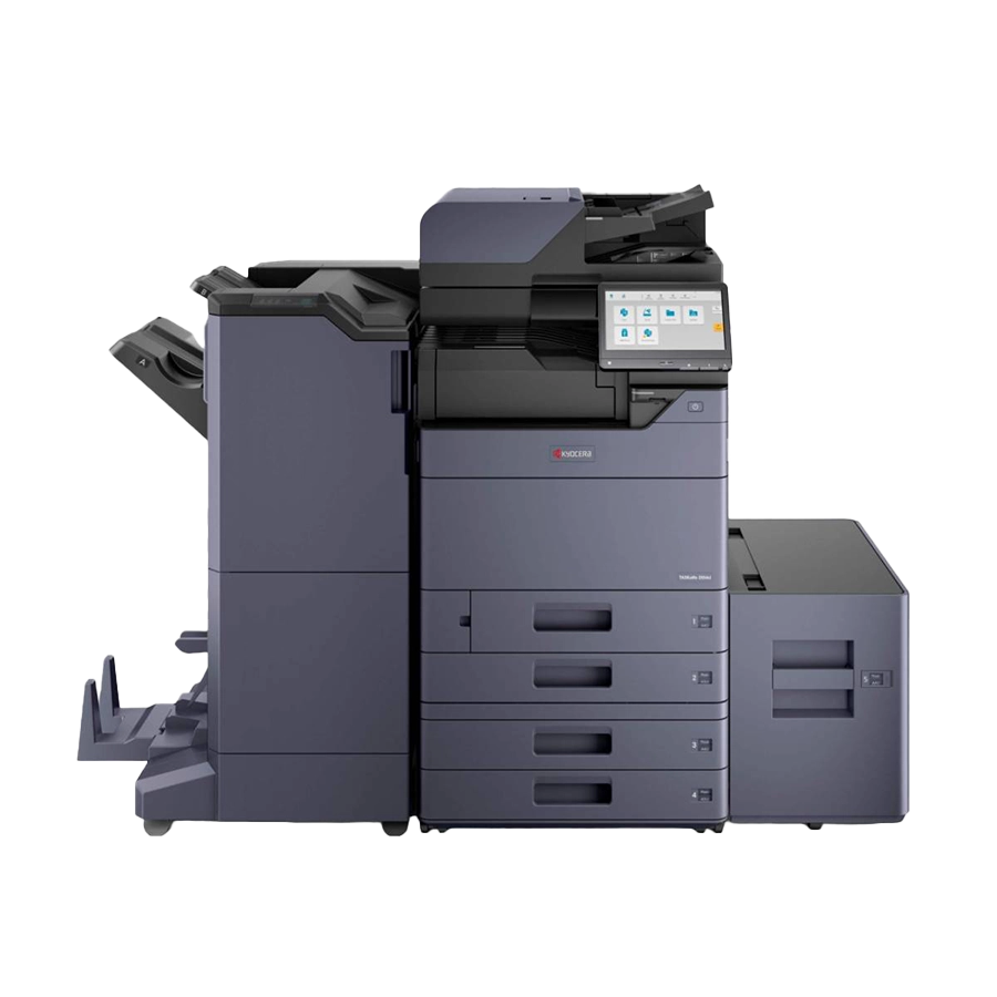 A full view of a professional Kyocera TA3554ci printer with a document finisher and side paper tray module.
