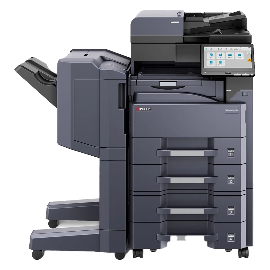 A professional overhead view of a Kyocera all in one office printer. This top rated home office printer highlights its detailed control panel and automatic document feeder, making it ideal for a small business.
