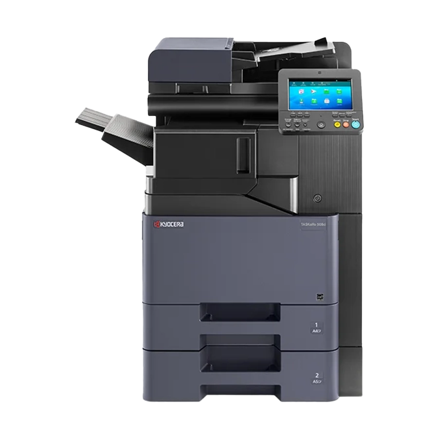  A professional product shot of the Kyocera TA2554ci. This quality all in one office printer is one of the best printers for a demanding small business, shown with a multi-tiered paper output tray for sorting.