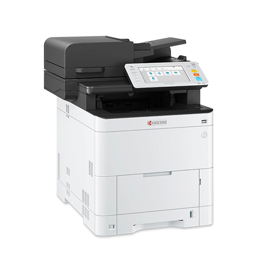 A comprehensive view of the ECOSYS MA4000cifx color laser multi-function printer, featuring a tablet-like 7-inch touch panel and integrated Elevate Technology.