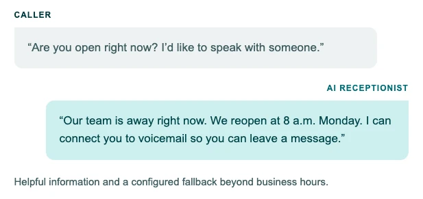 Elevate AI Receptionist handling an after-hours call — connects callers to voicemail when the team is unavailable