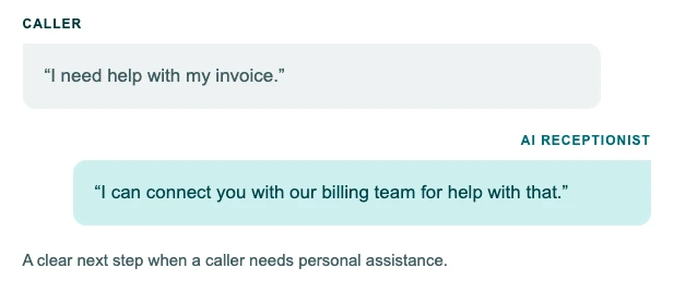 Elevate AI Receptionist routing a billing inquiry — connects caller needing invoice help to the billing team automatically