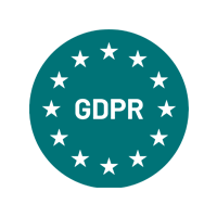 A circular teal logo with "GDPR" in the center, surrounded by a ring of 12 white stars, similar to the European Union flag.