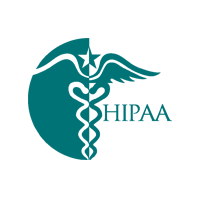 A turquoise logo with the medical Caduceus symbol (a staff with two snakes and wings) and the text "HIPAA."