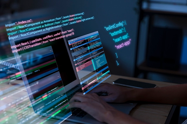  A developer working on code with a laptop, highlighting software development, programming, and coding.