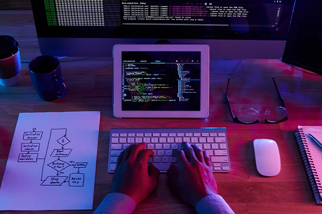  A developer's desk with a laptop, tablet, and keyboard, highlighting programming, software development, and IT solutions.