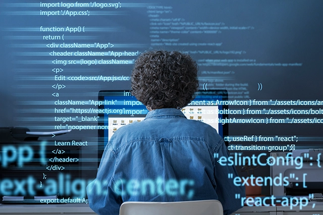 A professional developer works on code, with digital overlays of code, highlighting coding, software development, and IT solutions.