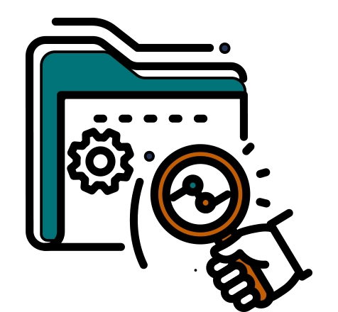 An icon of a hand holding a magnifying glass over a folder with a gear on it, representing auditing, analysis, and managed services offered by Elevate Technology to optimize a business's IT infrastructure.