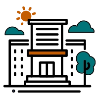 An icon of an office building with a sun and clouds, representing managed IT and low-voltage wiring for commercial businesses.