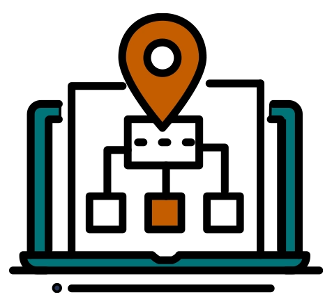 An icon showing a network diagram and a location pin on a laptop, representing Elevate Technology's ability to provide structured cabling and low-voltage wiring solutions for businesses in multiple location
