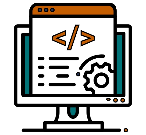 An icon showing a computer monitor with code symbols and a gear, representing the IT and software development industries and the custom technology solutions provided by Elevate Technology.