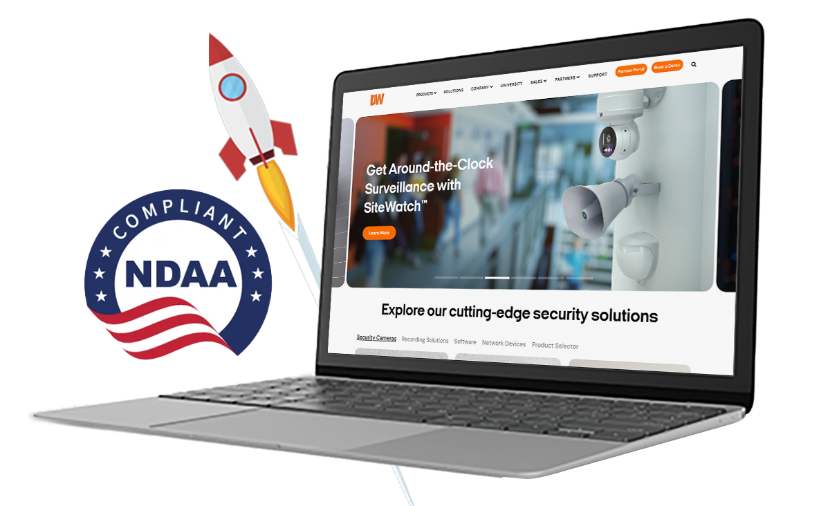 A laptop screen displays a surveillance website with security cameras. A rocket is launching behind the laptop, and a prominent