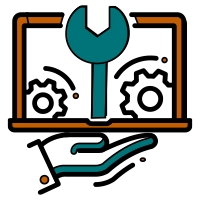 An icon of a hand holding a laptop screen with a wrench and gears on the display, representing the professional service of camera installation and technical configuration.