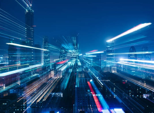 A dynamic and futuristic image for Elevate Technology, illustrating the speed and complexity of modern networks and data.