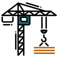 An icon of a construction crane lifting materials, representing services for construction sites, building projects, and engineering.