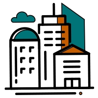 An icon of a cluster of modern buildings, representing corporate offices, commercial real estate, and business centers.