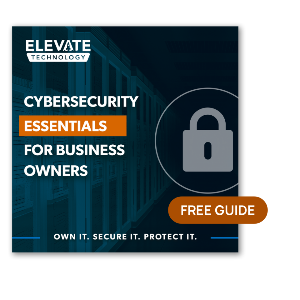 Elevation Technology's free guide: 'Cybersecurity Essentials for Business Owners'. Features a padlock icon and server racks.