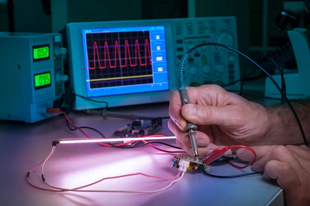 Engineer soldering electronic components with an oscilloscope displaying waveforms, symbolizing hardware testing, electronics repair, and innovative IT solutions by Elevate Technology.